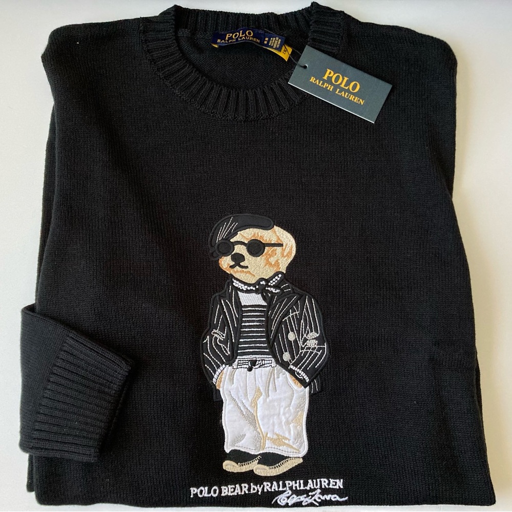 Polo Ralph Lauren Men’s Bear Knit Sweater M Black 100% Cotton Crewneck New